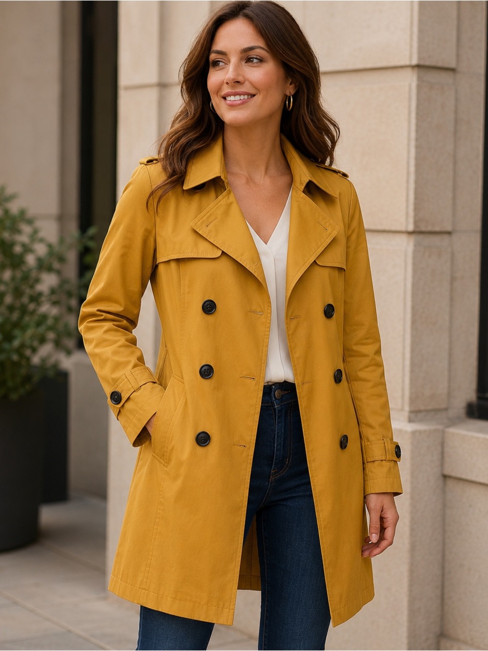 DKNY Mustard Yellow Double Breasted Trench Coat Jacket Women’s Large L